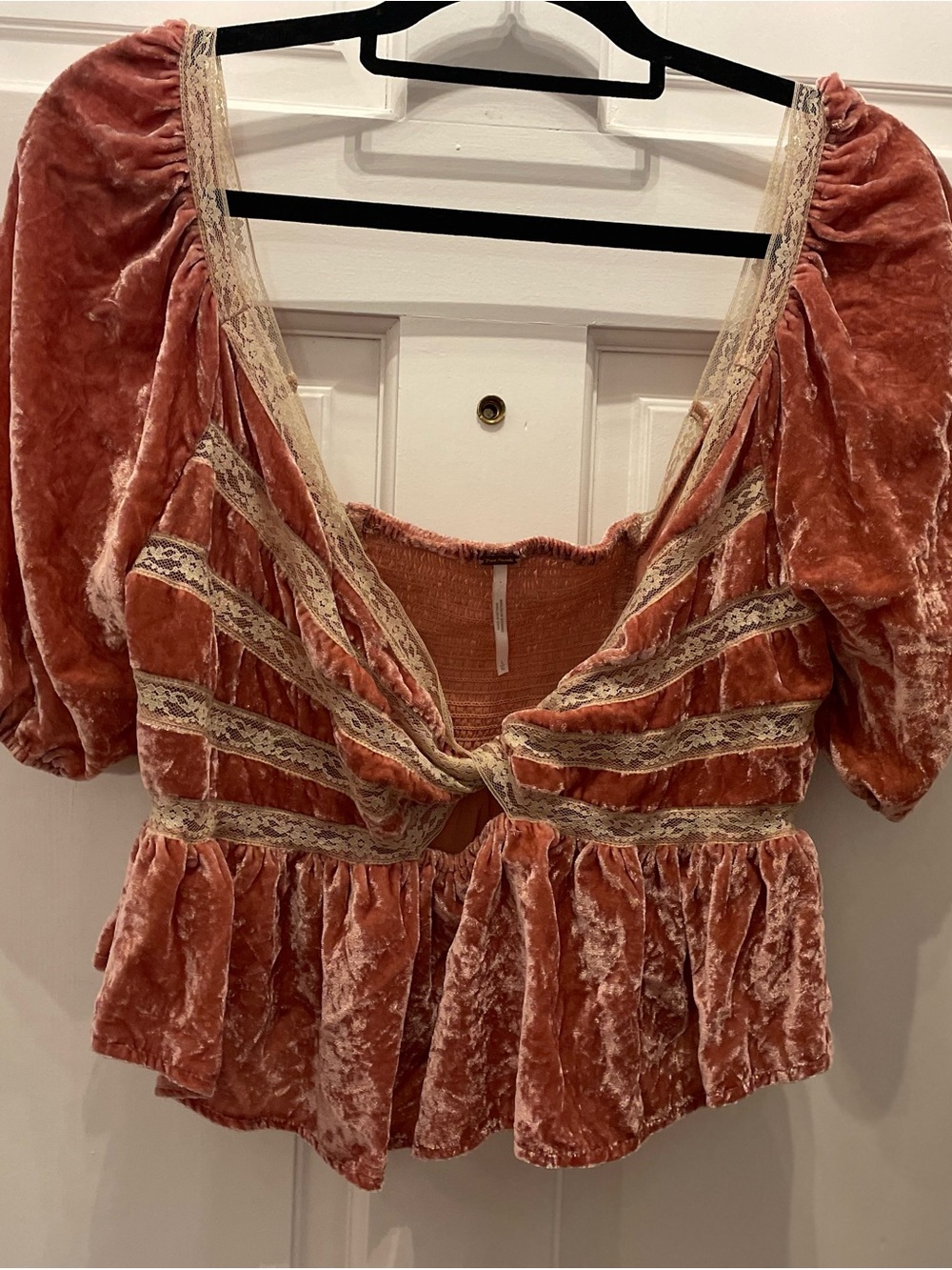 Free People Yours Truly Pink Velvet Lace-Trim Puff Sleeve Keyhole cut Peplum Top